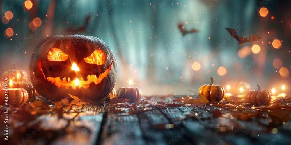 Illuminated jack o lantern pumpkins and candles are sitting on a wooden surface with spooky forest and bats in the background. Jack O Lantern. Halloween. Banner. Copy space Illuminated jack o lantern pumpkins and candles are sitting on a wooden surface with spooky forest and bats in the background. Jack O Lantern. Halloween. Banner. Copy space