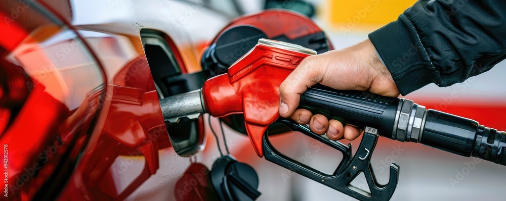 Person refueling a red car at a gas station pump.