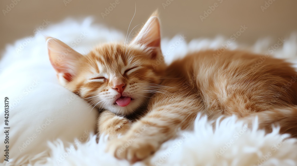 Cute ginger cat sleeping with tongue out, funny and adorable. Total exhausted. Cute ginger cat sleeping with tongue out, funny and adorable. Total exhausted.