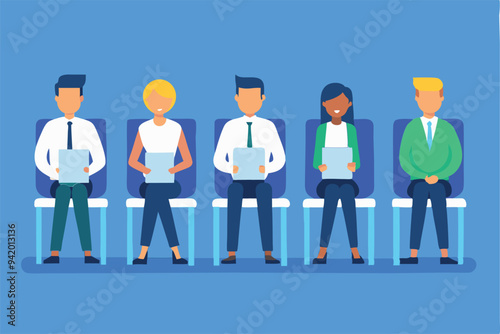 five candidates for new job sit on chairs in row with their documents on blue background, job interview