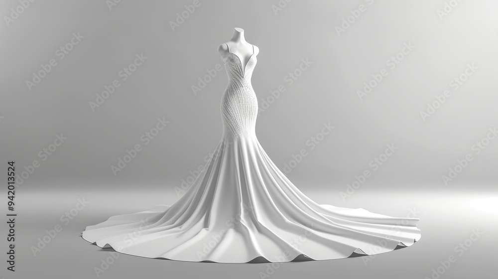 White wedding dress with beaded bodice and flowing skirt on a mannequin. White wedding dress with beaded bodice and flowing skirt on a mannequin.