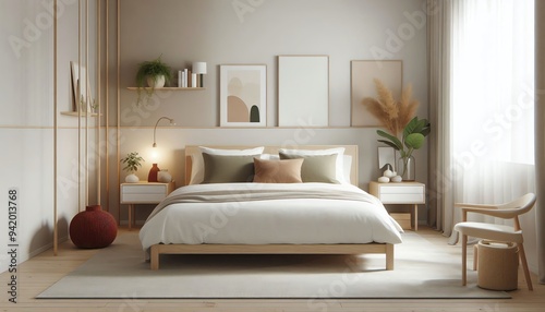 scandinavian style interior of a bedroom with minimalist design and three posters on the wall