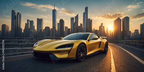 yellow sports car on the background of the metropolis , electric racing car