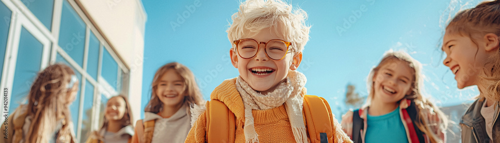 A group of children are smiling and laughing together