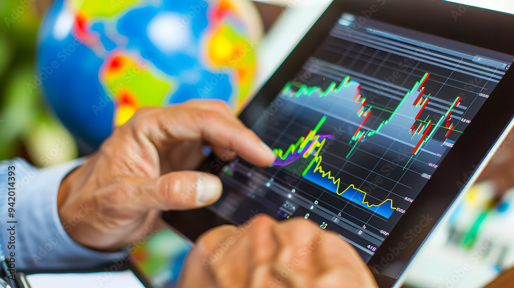 Intense Commodities Trader Analyzing Fluctuating Prices on Tablet Graph, Financial Market Insight.
