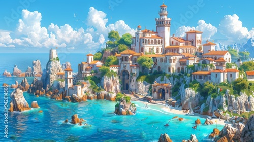 Golden Roman Lighthouse Styled in Clash Royale Game Art with Isometric Design and Castle District, Captured in a Mobile Game Art Aesthetic photo