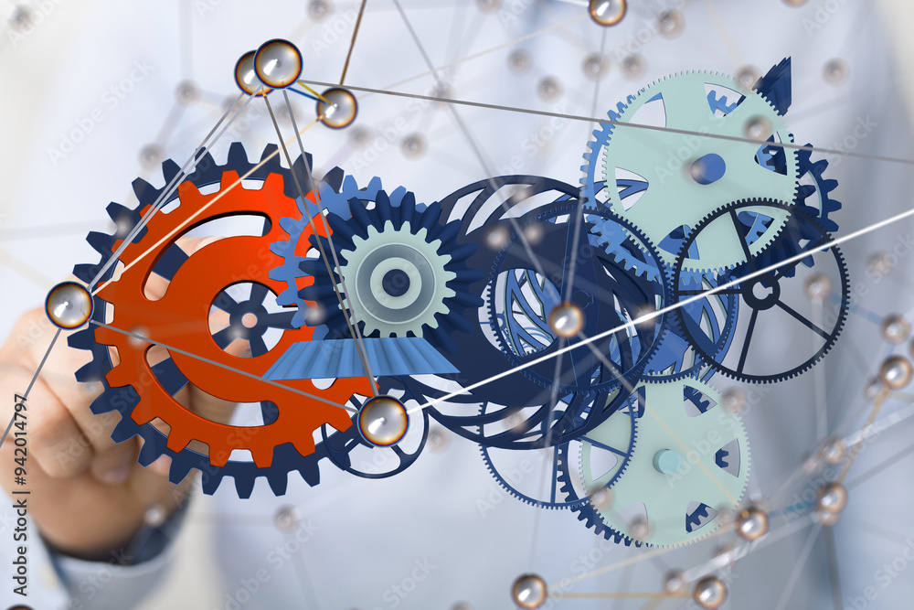 gear system data. Connecting lines and dots.Big data visualization gear system data. Connecting lines and dots.Big data visualization