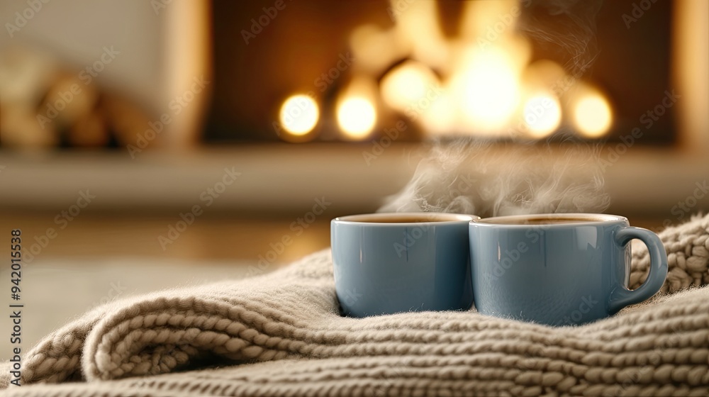 Two steaming mugs of coffee sit atop plush blankets, accompanied by the warmth of a crackling fireplace, inviting a sense of comfort and tranquility Two steaming mugs of coffee sit atop plush blankets, accompanied by the warmth of a crackling fireplace, inviting a sense of comfort and tranquility