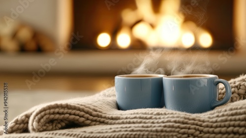 Two steaming mugs of coffee sit atop plush blankets, accompanied by the warmth of a crackling fireplace, inviting a sense of comfort and tranquility