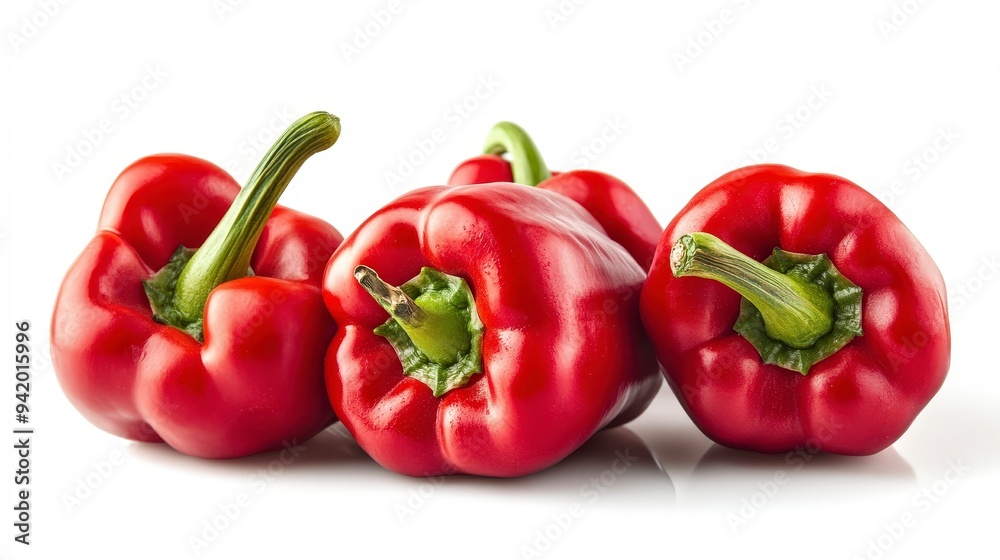 Four red bell peppers arranged on a white background, showcasing their vibrant color and shape.