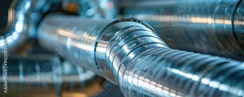 Metal ventilation ducts neatly arranged in the factory.