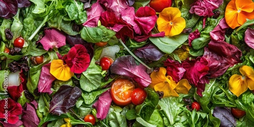 Colorful salad with edible flowers and tomatoes.