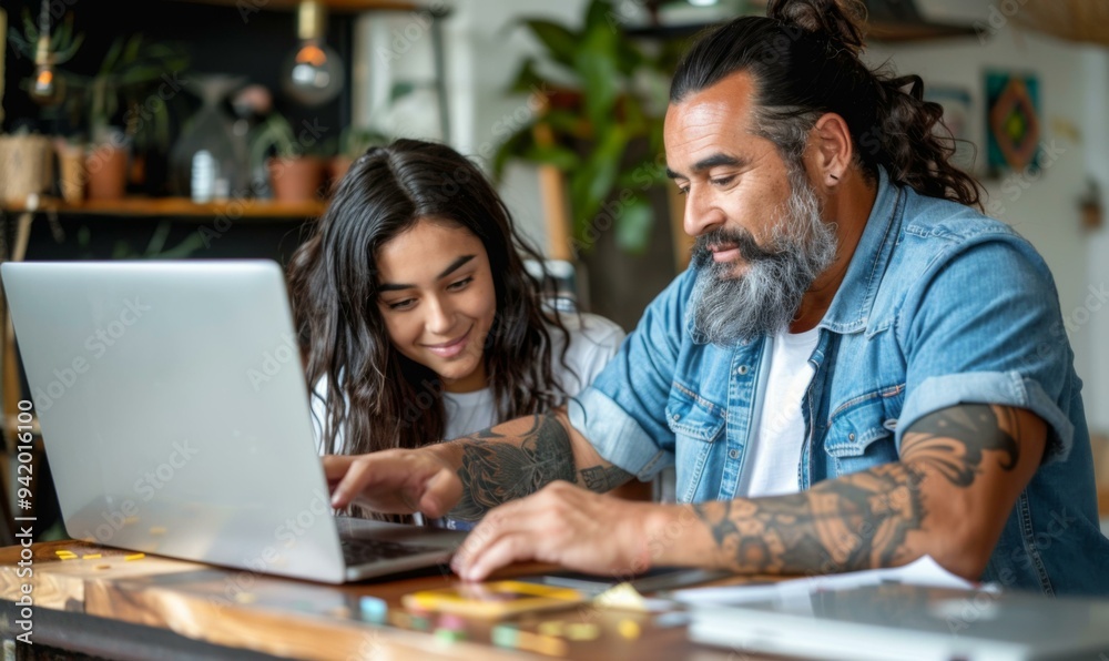 A father and daughter work together on a laptop. AI. A father and daughter work together on a laptop. AI.