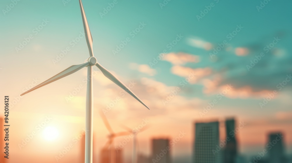 Fototapeta premium Create a dynamic illustration of wind turbines against a dramatic sky, highlighting renewable energy's power.