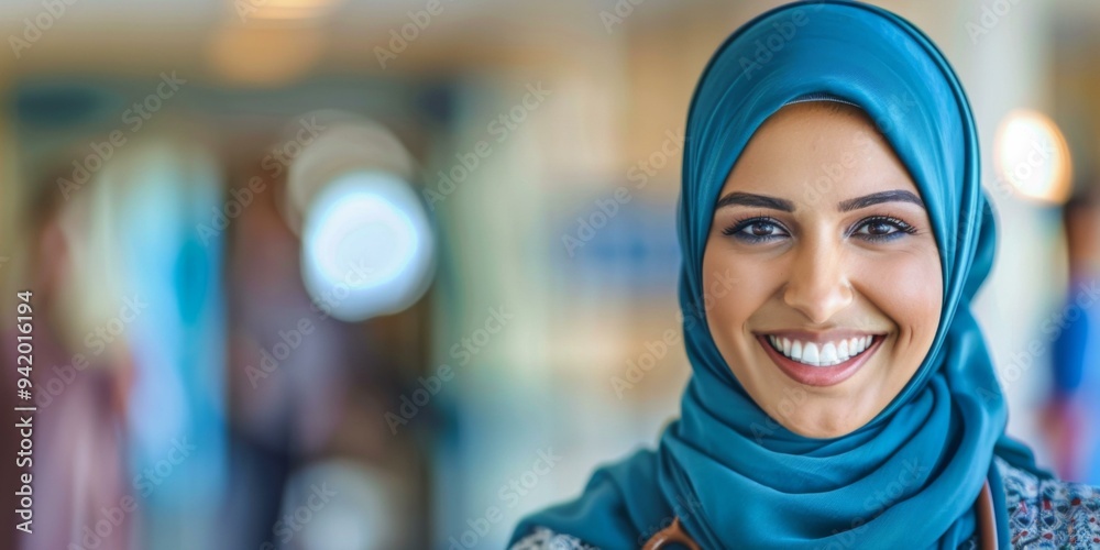 A woman wearing a hijab smiles for the camera. AI. A woman wearing a hijab smiles for the camera. AI.