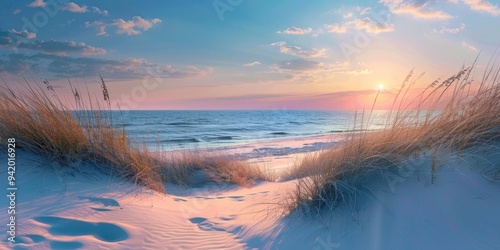 Color photo of a sunrise on the East Coast of New Jersey beach, featuring sand dunes and a sun positioned to the side, with a blue and pink palette capturing the serene beauty of the morning.