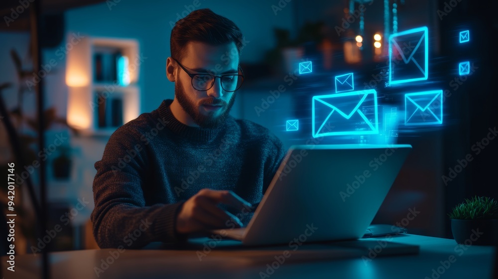 Email in Action: Man Reviewing Electronic Mail with Focus on Digital Communication Email in Action: Man Reviewing Electronic Mail with Focus on Digital Communication