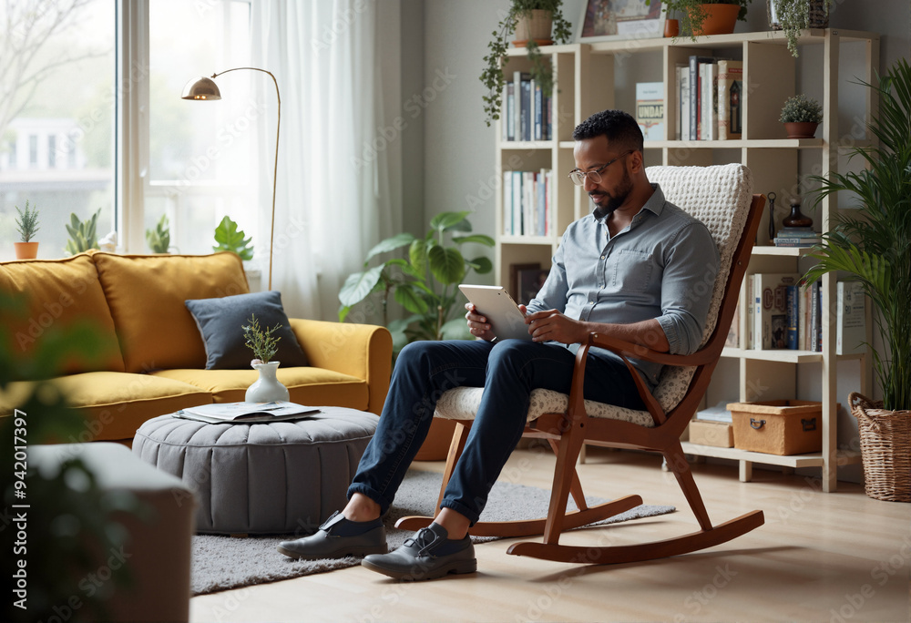 A man is sitting in a brown rocking chair. He is wearing a gray button up shirt, blue jeans and black shoes. The man is holding a white tablet in his hands. There is a gray ottoman in front of the man A man is sitting in a brown rocking chair. He is wearing a gray button up shirt, blue jeans and black shoes. The man is holding a white tablet in his hands. There is a gray ottoman in front of the man