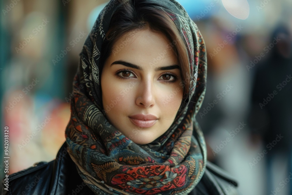 A woman wearing a scarf and jacket standing in the street. AI. A woman wearing a scarf and jacket standing in the street. AI.