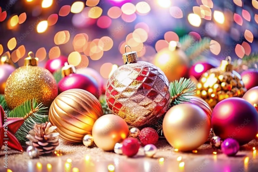 Sparkling Christmas background with Christmas colorful toy balls for decorations on the background Sparkling Christmas background with Christmas colorful toy balls for decorations on the background