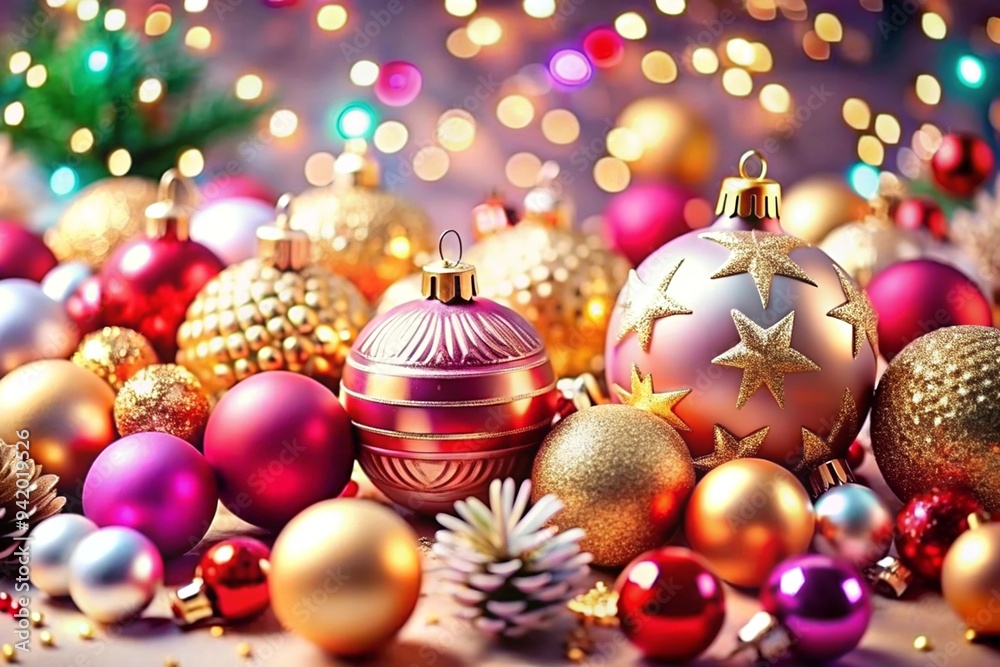 Sparkling Christmas background with Christmas colorful toy balls for decorations on the background Sparkling Christmas background with Christmas colorful toy balls for decorations on the background