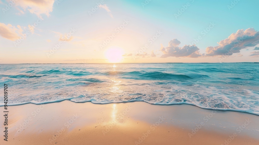 Beach Scene at Sunset with a Happy Atmosphere, Featuring Smooth Light Over White Sand, Blue Ocean, and Green-Blue Sky, Captured with a Canon 4D Mark IV in a Cinematic Style Beach Scene at Sunset with a Happy Atmosphere, Featuring Smooth Light Over White Sand, Blue Ocean, and Green-Blue Sky, Captured with a Canon 4D Mark IV in a Cinematic Style