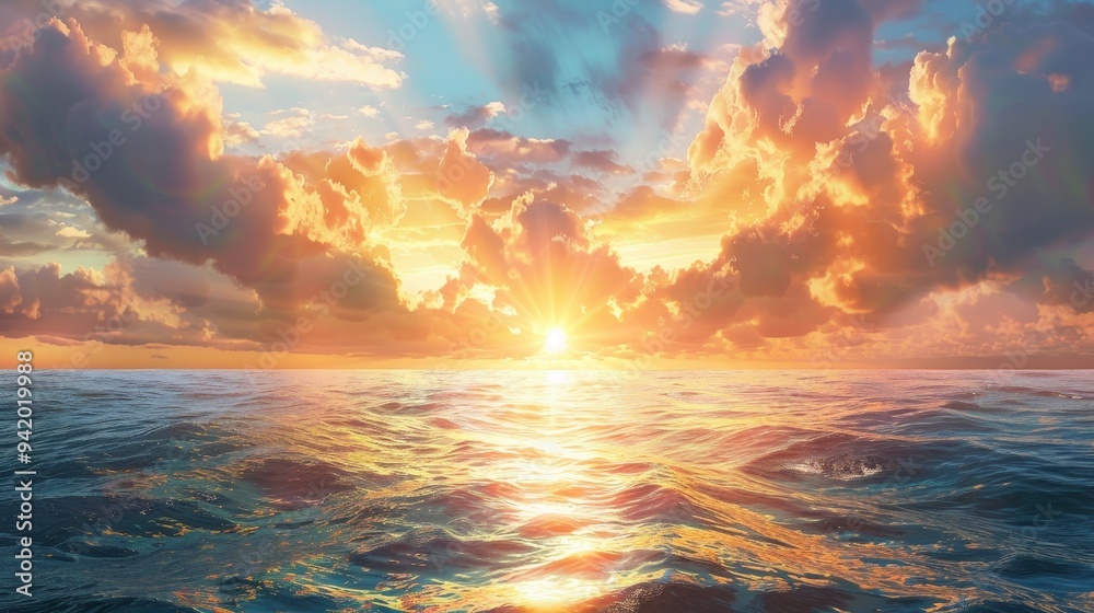 Obraz premium Breathtaking Seascape at Sunset with Dynamic Sky and Serene Ocean, Featuring Brilliant Rays of Sunlight Piercing Through Majestic Clouds, Captured in a Radiant Display of Sunset Hues