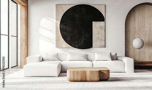 Photo realistic living room, white couch centerpiece, abstract minimalism, sleek round shapes, stone and wood elements, Japanese style painting, centered composition, wooden decor, modern monochrome