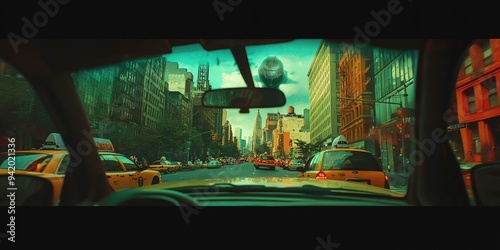 Driving through city, alien in sky, yellow cabs.