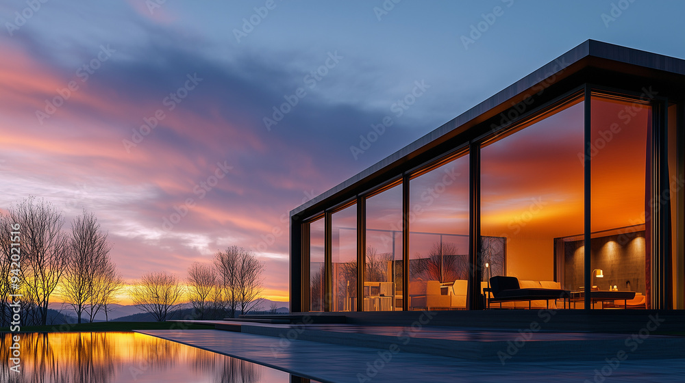 Obraz premium Luxurious Glass-Fronted Home at Sunset with Scenic Surroundings