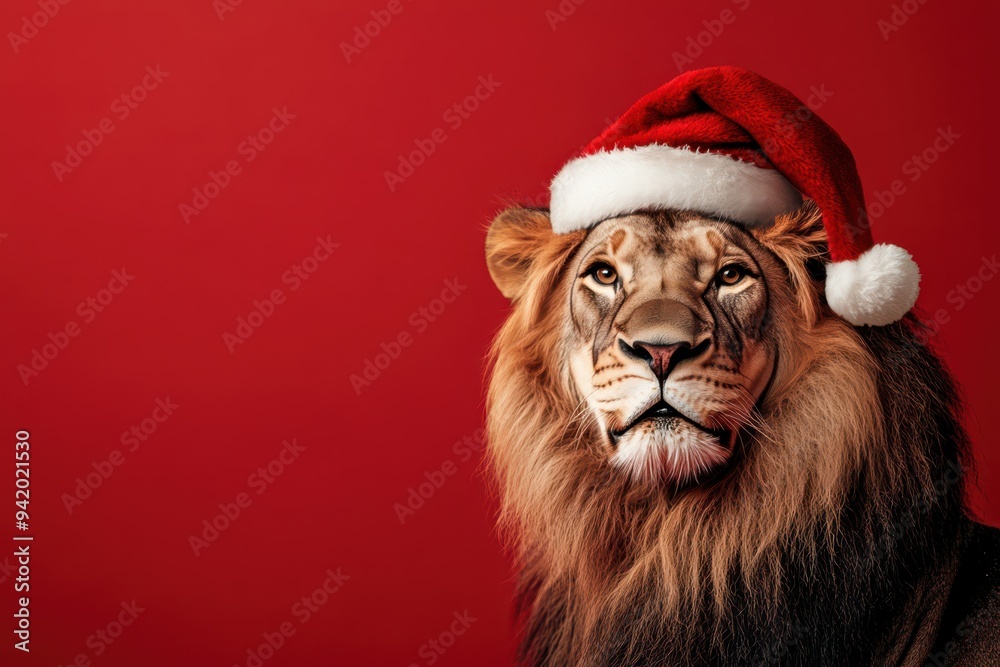 Regal lion in Santa hat against deep red backdrop, Christmas theme Regal lion in Santa hat against deep red backdrop, Christmas theme