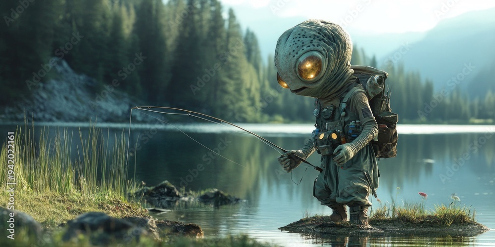 Alien creature fishing by a lake. Alien creature fishing by a lake.