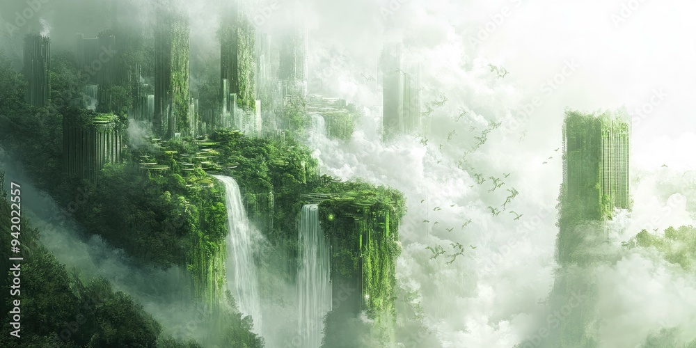 Foggy jungle cityscape with waterfalls. Foggy jungle cityscape with waterfalls.