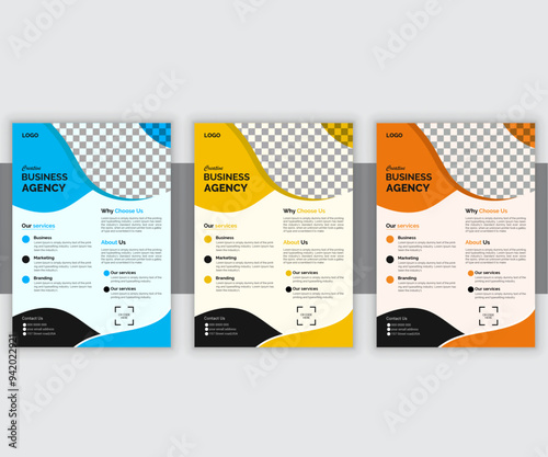 Corporate business flyer template design set with blue, orange and yellow color.  professional Creative business flyer layout vector, Modern unique business, digital marketing agency flyer.
