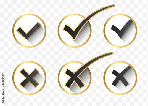 Luxury check mark and cross icon set on white background
