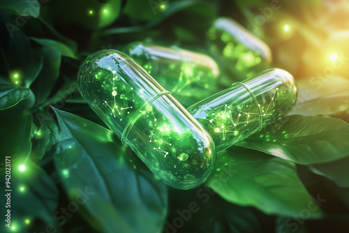 Green Pills with Glowing Lights on Leaves