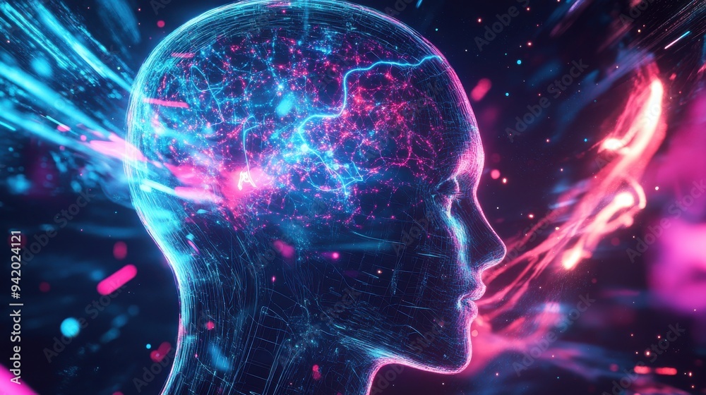 Futuristic illustration of a human profile with glowing blue and pink neural networks, representing brain activity and artificial intelligence, highlighting technology and innovation