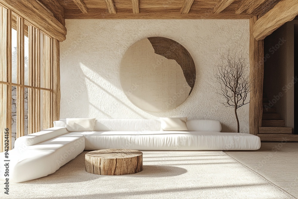 Modern earthy minimal room, white couch centerpiece, abstract minimalism, rounded shapes, stone and wood textures, centered Japanese art, wooden accents, photorealistic rendering Modern earthy minimal room, white couch centerpiece, abstract minimalism, rounded shapes, stone and wood textures, centered Japanese art, wooden accents, photorealistic rendering