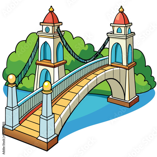 wooden arch bridge, vector illustration.
