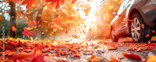 car tires on asphalt with many colourful autumn maple leaves falling from the trees in beautiful park