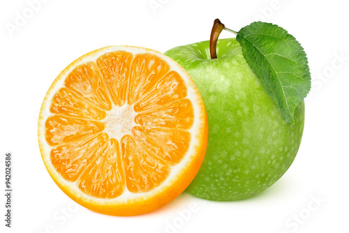 Orange and green apple on isolated white background