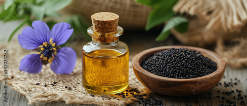 Black Cumin Seeds and Oil in a Wooden Bowl