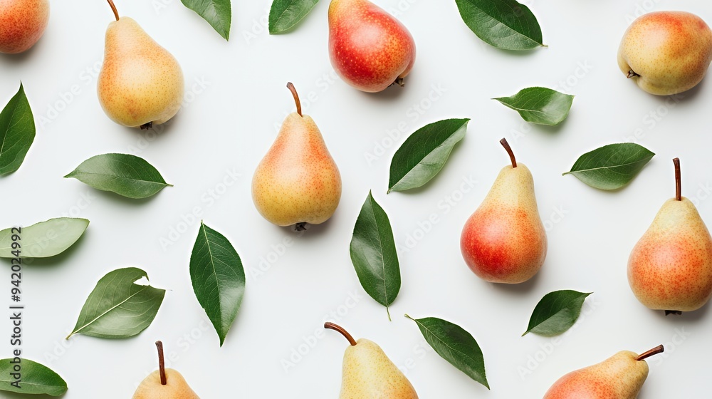 A flat lay of pears and leaves arranged artistically on a white background. A flat lay of pears and leaves arranged artistically on a white background.