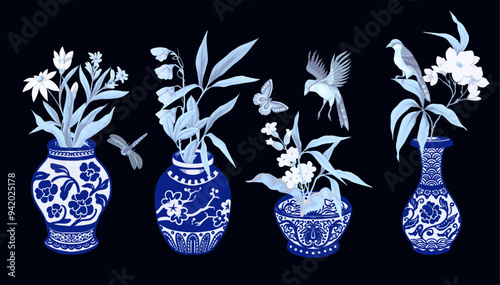 Chinese blue vases and flowers isolated. Vector.