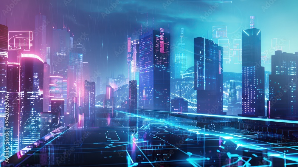 Fototapeta premium Neon Cityscape - Futuristic Urban Landscape