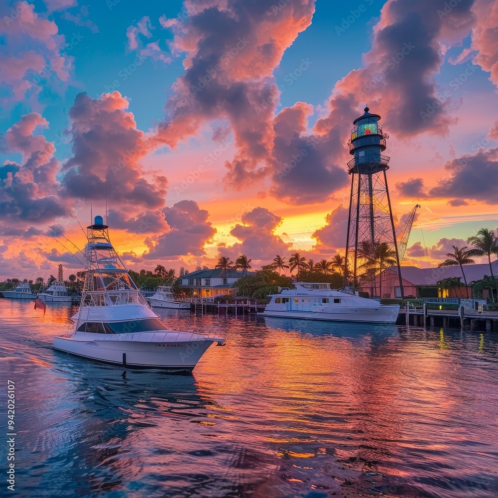Obraz premium A photo portraying Pompano Beach as a family-friendly upscale destination, focusing on luxury boating, fishing, and the historic Hillsboro Lighthouse.
