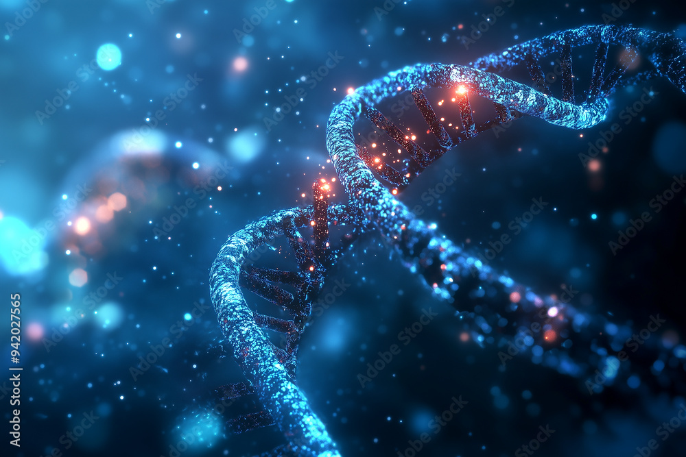 A vibrant, close-up 3D rendering of a DNA double helix, elegantly twisting through a dark, ethereal background. Generative AI. A vibrant, close-up 3D rendering of a DNA double helix, elegantly twisting through a dark, ethereal background. Generative AI.