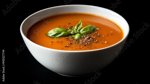 A close-up of a white bowl filled with a smooth, bright orange tomato soup. The soup is garnished with fresh basil leaves and a sprinkle of black pepper. The bowl is isolated against a black backgroun