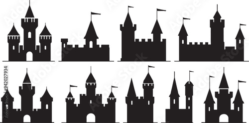 set of castle silhouette isolated on white background