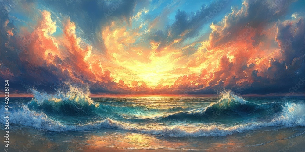 Sunset over ocean waves and clouds. Sunset over ocean waves and clouds.